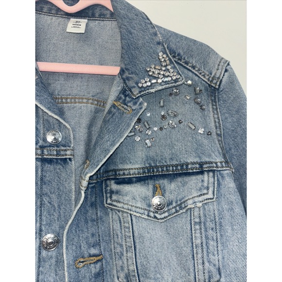 H&M Denim Jacket Embellished Rhinestones Studs Light Wash Women's Size 12 - Picture 4 of 7